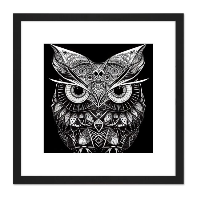 Artery8 Owl Modern Doodle Tribal Pattern Illustration Black & White Square Wooden Framed Wall Art Print Picture 8X8 Inch - image 1
