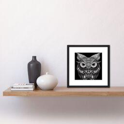 Artery8 Owl Modern Doodle Tribal Pattern Illustration Black & White Square Wooden Framed Wall Art Print Picture 8X8 Inch - thumbnail 2