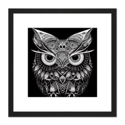 Artery8 Owl Modern Doodle Tribal Pattern Illustration Black & White Square Wooden Framed Wall Art Print Picture 8X8 Inch - thumbnail 1