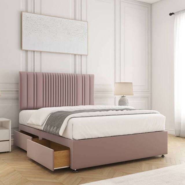 "BSSPOKE Florence Velvet Divan Bed 24"" Headboard 2Drawers Same side Mattress in Pink - Size: King" - image 1