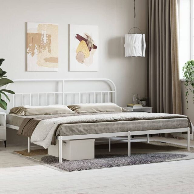 Berkfield Home Metal Bed Frame with Headboard White 200x200 cm - image 1