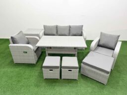 Fimous PE Rattan Garden Furniture Set Reclining Chair Sofa Lounge Sofa Set Rectangular Dining Table Side Table 3 Stools Light Grey - thumbnail 2