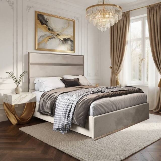 Casani Fladbury Upholstered Soft Velvet Beige Metal Designer Bed Frame in Cream - Size: Single - image 1