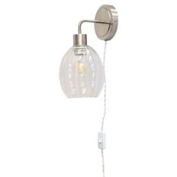 First Choice Lighting Toby - Satin Nickel Plug in Wall Light with Birch Fluted Glass Shade in Silver