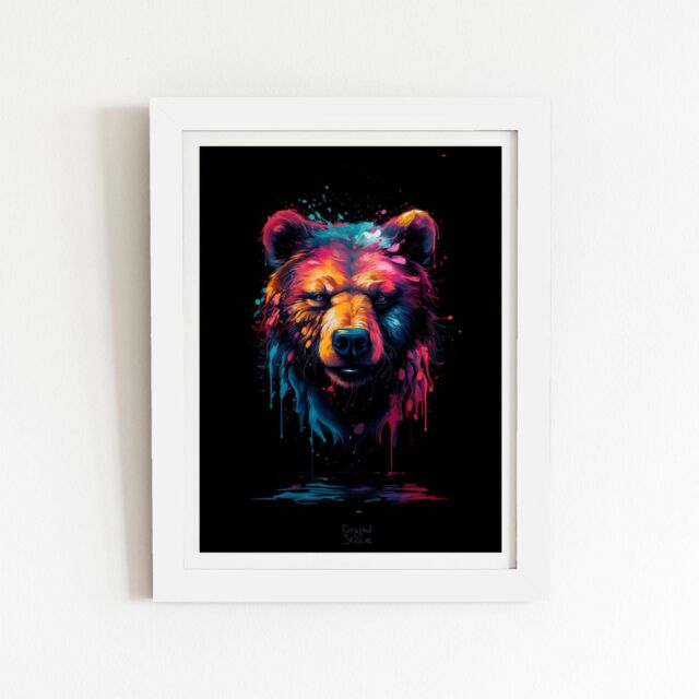"Warren Reed - Designer Splashart Bear Face Framed Art Print in White - Size: W24"" x H36""" - image 1