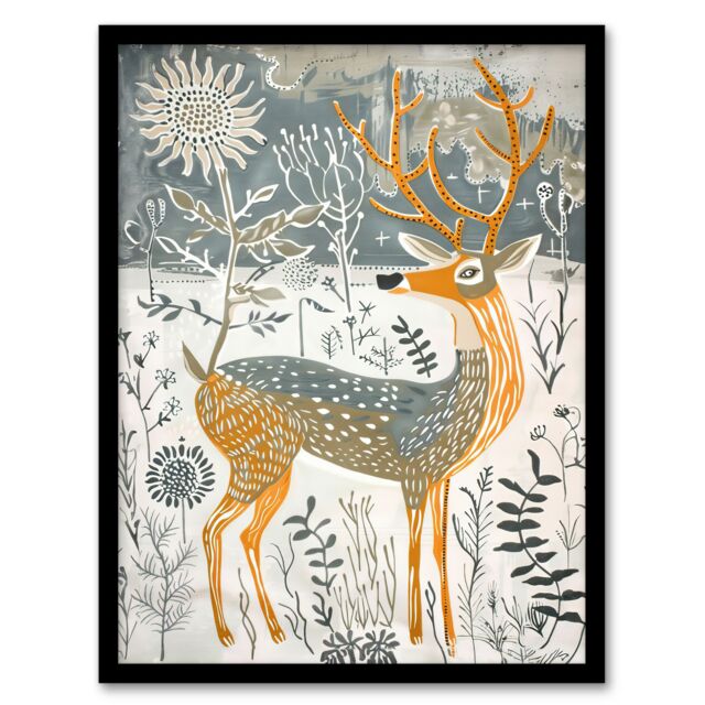 "Artery8 Woodland Deer in Snow Wildflowers Winter Folk Art Framed Art Print in White - Size: W12"" x H16""" - image 1