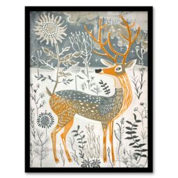 "Artery8 Woodland Deer in Snow Wildflowers Winter Folk Art Framed Art Print in White - Size: W12"" x H16""" - thumbnail 1