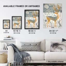 "Artery8 Woodland Deer in Snow Wildflowers Winter Folk Art Framed Art Print in White - Size: W12"" x H16""" - thumbnail 3