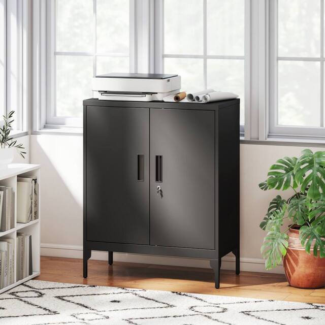 HOMCOM Metal Storage Cabinet with Lock for Home Office, Garage, Study in Black - image 1