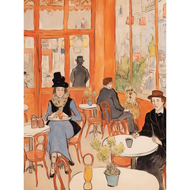 "Artery8 Wall Art Print A Bustling Parisian Cafe in the Style of Toulouse Lautrec Paris French Orange Poster - Size: W18"" x H24""" - image 1
