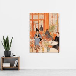 "Artery8 Wall Art Print A Bustling Parisian Cafe in the Style of Toulouse Lautrec Paris French Orange Poster - Size: W18"" x H24""" - thumbnail 2