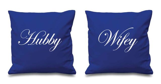 60 SECOND MAKEOVER Hubby Wifey Cushion Covers in Blue - Size: 40 cm x 40 cm