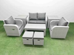 Fimous Light Grey PE Wicker Rattan Garden Furniture Set Sofa Set Reclining Adjustable Chair Oblong Coffee Table 6 Seater 2 Small Stools 2 Side Table - thumbnail 1