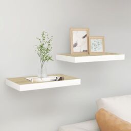 Berkfield Home Floating Wall Shelves 2 pcs Oak & White 50x23x3.8 cm MDF in Brown - thumbnail 1