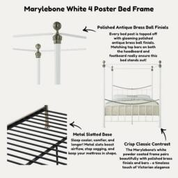 OAT Home Marylebone Traditional Four Poster Metal Bed Frame in White - Size: Double - thumbnail 8