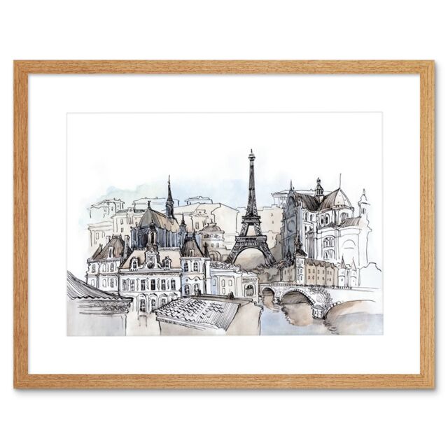 "Artery8 Wall Art Print France Ink Drawing Paris Art Framed 9x7 inch in Beige - Size: W7"" x H9""" - image 1