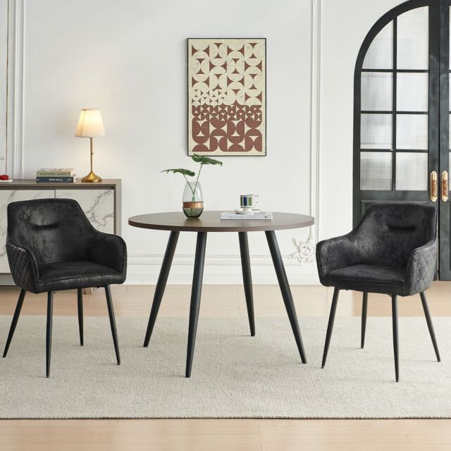 SONARA Dark Walnut Round Dining Table with 2 Faux Suede Dining Chairs Set in Black - image 1