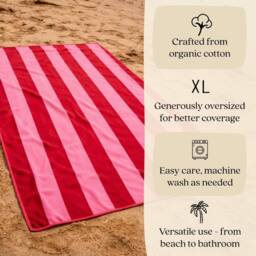 Misona Extra Large Striped Beach Towel - 100% Cotton in Red - thumbnail 3