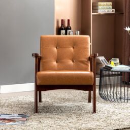 HomeMiYN Faux Leather Armchair, Vintage-Style Chair with Solid Wood Legs, Modern Faux Leather Chair for Living Room Bedroom in Orange - thumbnail 4