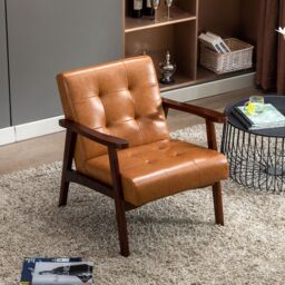 HomeMiYN Faux Leather Armchair, Vintage-Style Chair with Solid Wood Legs, Modern Faux Leather Chair for Living Room Bedroom in Orange