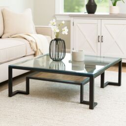Orsina Roman Coffee Table, Round Tempered Glass Top with Decorative Embossed Bronze Frame, Centrepiece in Black