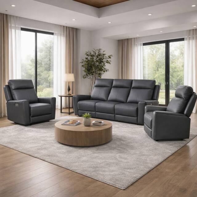 Aspire Rivington Real Leather Power Recliner 3+1+1 Sofa Set with USB Charging in Charcoal - image 1