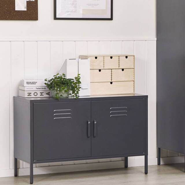 Wyld and Coco 2-Door Matte Black Steel Sideboard - Industrial Office Storage - image 1