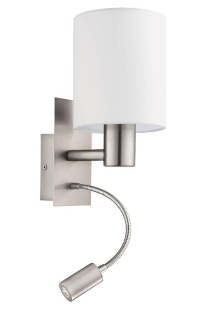 Eglo Pasteri Satin Nickel Metal & Fabric Wall Light With Integrated LED Adjustable Reading Light in White - image 1
