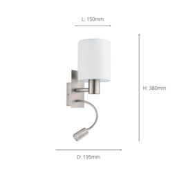 Eglo Pasteri Satin Nickel Metal & Fabric Wall Light With Integrated LED Adjustable Reading Light in White - thumbnail 3