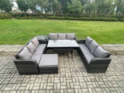 Fimous Patio Rattan Garden Furniture Set with Oblong Rectangular Dining Table Big Footstool Side Table 10 Seater Outdoor Lounge Sofa Set in Dark Grey - thumbnail 1