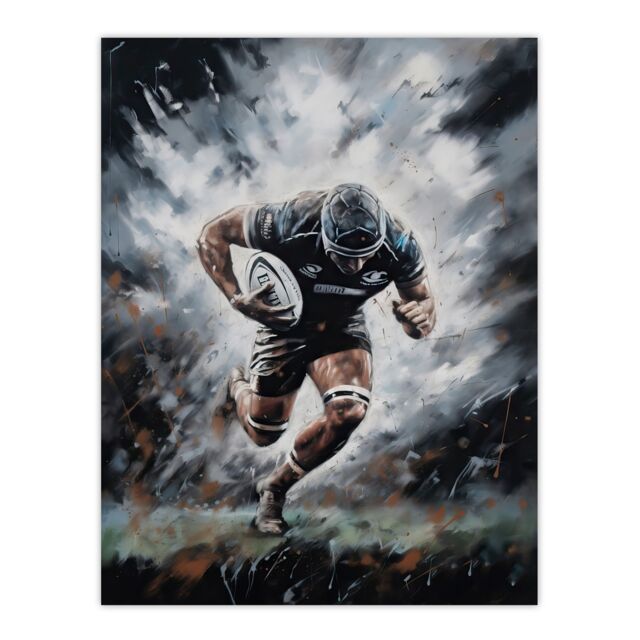 "Artery8 Wall Art Print Rugby Forward Powering Through Action Artwork For Him Rugby Fan Man Cave Poster in Grey - Size: W24"" x H32""" - image 1