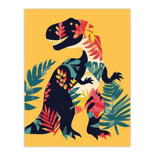 "Artery8 Boho Botanical Pattern T Rex Dinosaur Design Wall Art Print in Yellow - Size: W24"" x H32""" - image 1