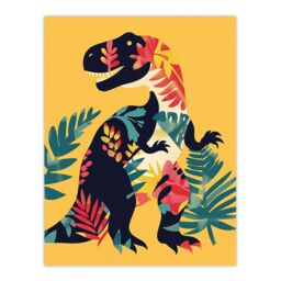 "Artery8 Boho Botanical Pattern T Rex Dinosaur Design Wall Art Print in Yellow - Size: W24"" x H32""" - thumbnail 1