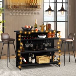 Costway Industrial Wine Bar Cabinet 4 Tiers Kitchen Storage Sideboard Kitchen Island with Glass Holders in Black - thumbnail 3