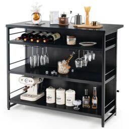 Costway Industrial Wine Bar Cabinet 4 Tiers Kitchen Storage Sideboard Kitchen Island with Glass Holders in Black - thumbnail 1