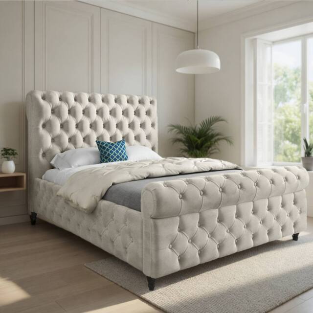 Casani Steventon Sleigh Upholstered Beige Soft Velvet Designer Bed Frame in Cream - Size: Super King - image 1