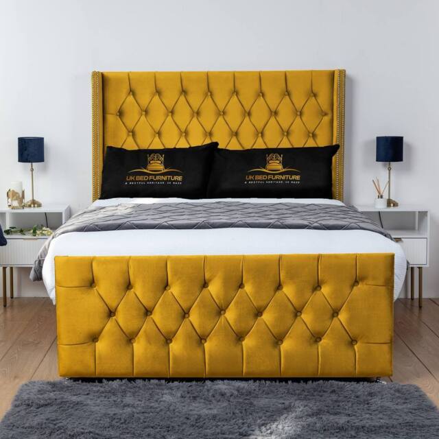 UK Bed Furniture Emily Wingback Divan Bed with 54 Inch Diamond Headboard - No Storage in Mustard - Size: Double - image 1
