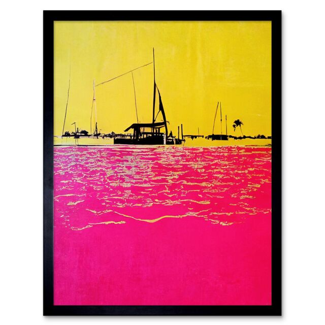 "Artery8 Wall Art Print Modern Abstract Seaside Port With Colour Blocking Yellow & Hot Pink Art Framed in Black - Size: W12"" x H16""" - image 1