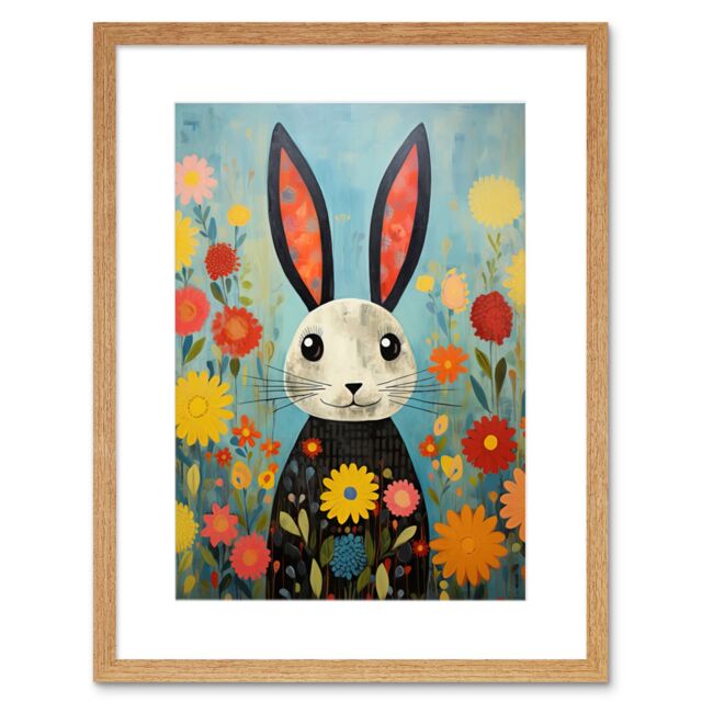 "Artery8 Wall Art Print Funny Bunny Modern Floral Rabbit Animal Artwork for Kids Bedroom or Baby Nursery Artwork Framed 9X7 Inch - Size: W7"" x H9""" - image 1