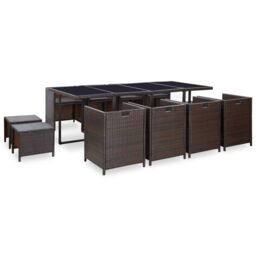 Berkfield Home 13 Piece Outdoor Dining Set with Cushions Poly Rattan Brown - thumbnail 4