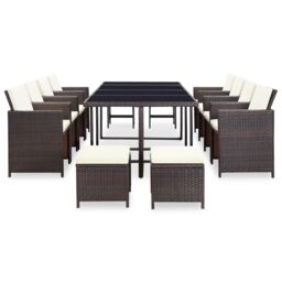 Berkfield Home 13 Piece Outdoor Dining Set with Cushions Poly Rattan Brown - thumbnail 3