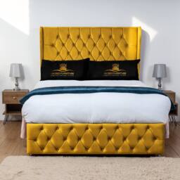 UK Bed Furniture Luxor Wingback Divan Bed with 54 Inch Headboard & 2 Foot End Drawers in Mustard - Size: King - thumbnail 2