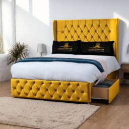 UK Bed Furniture Luxor Wingback Divan Bed with 54 Inch Headboard & 2 Foot End Drawers in Mustard - Size: King - thumbnail 1