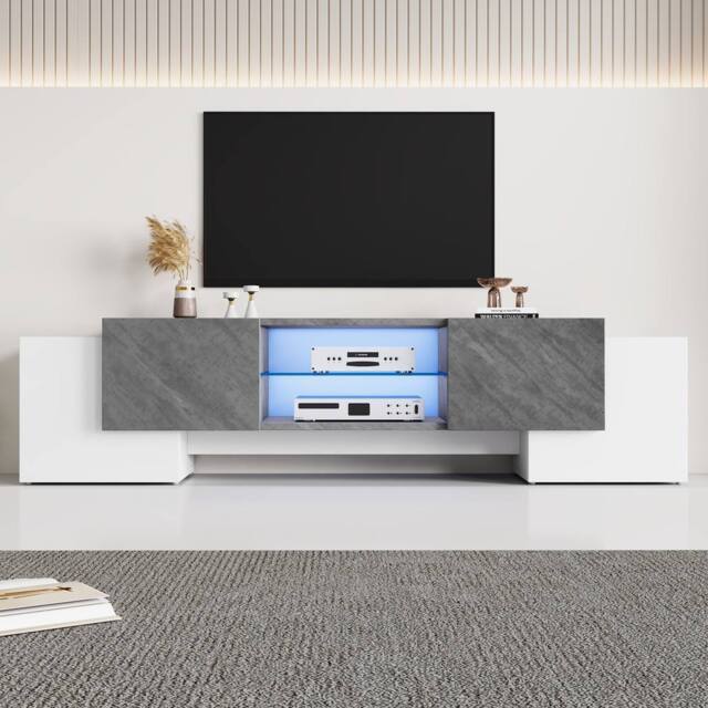 Merax Modern LED TV Stand for TVs with 4 Doors & Adjustable Glass Shelves in White - image 1