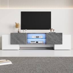 Merax Modern LED TV Stand for TVs with 4 Doors & Adjustable Glass Shelves in White - thumbnail 1