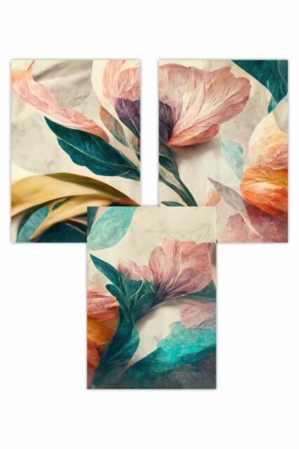 ARTZE Set of 3 Abstract Petals in Teal & Pink Art Posters - Size: W42 cm x H59 cm - image 1