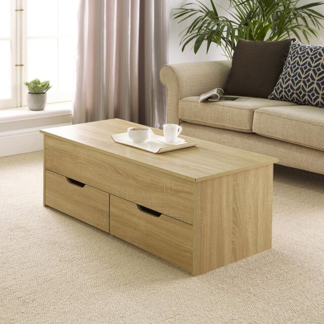Home Source Wooden Coffee Table With Lift Up Top & 2 Large Storage Drawers in Light Oak - image 1