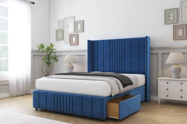 "Comfort Beds Grace Plush Divan Base 2 Drawers - 54"" Wingback-Footboard in Navy - Size: King" - image 1