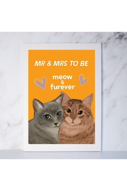 Afewhometruths Framed Engagement Art Print Gift For Cat-loving Couple Mr & Mrs To Be in Orange - Size: A4