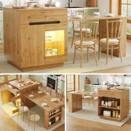 BTM Kitchen Island with Extendable Table LED Storage in Brown - thumbnail 1